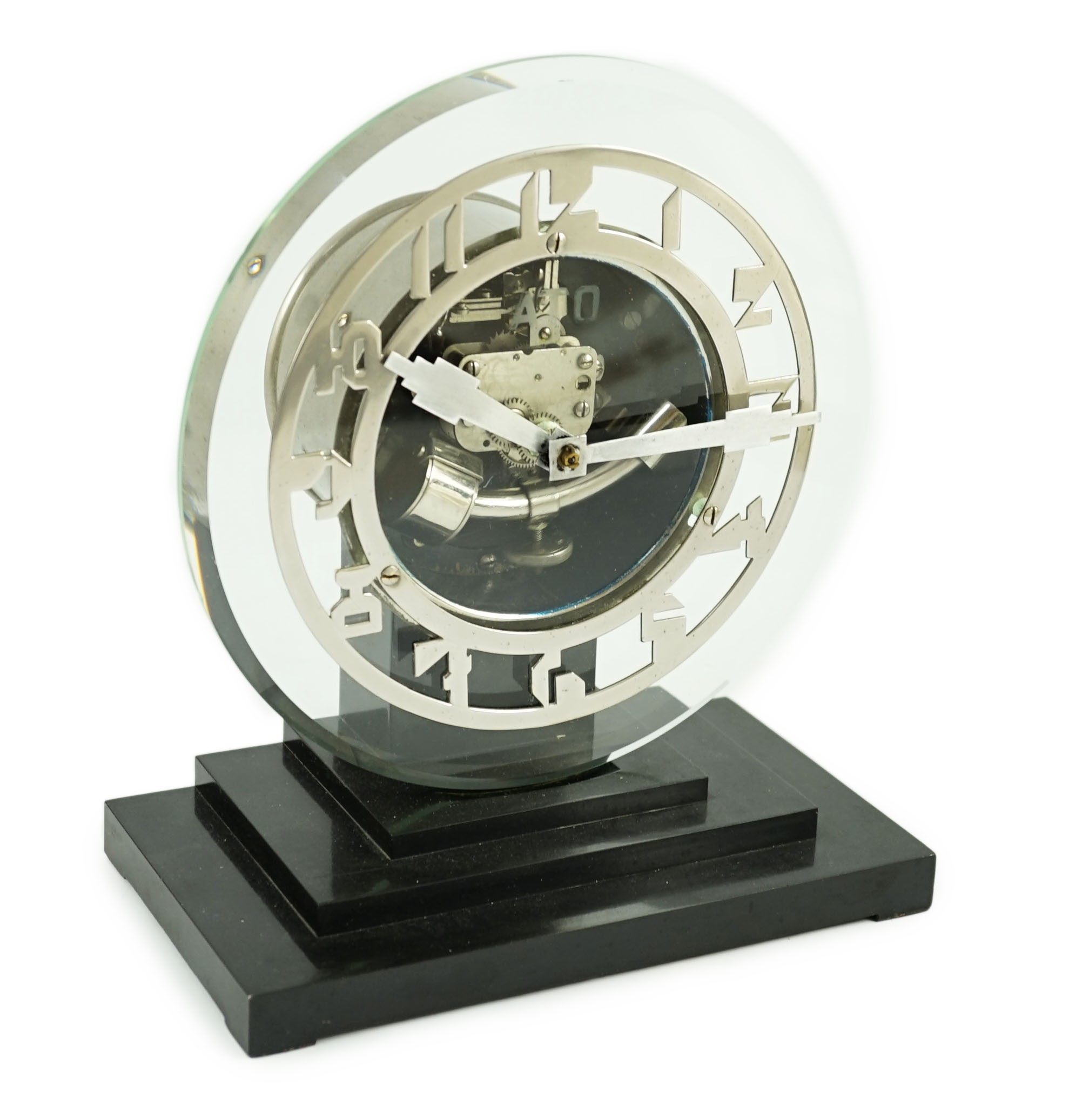 An Ato Art Deco electric mantel timepiece, 22cms high, 19cm wide 22cm high